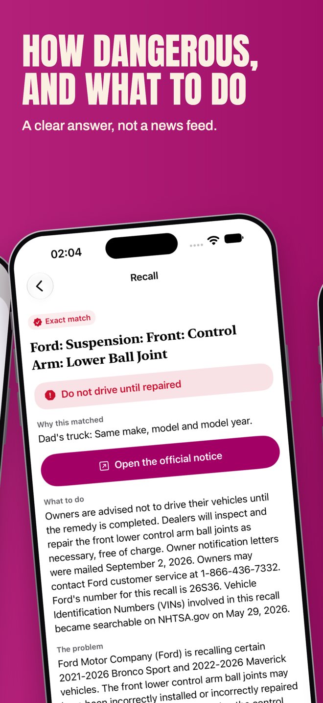 A recall match saying do not drive until repaired